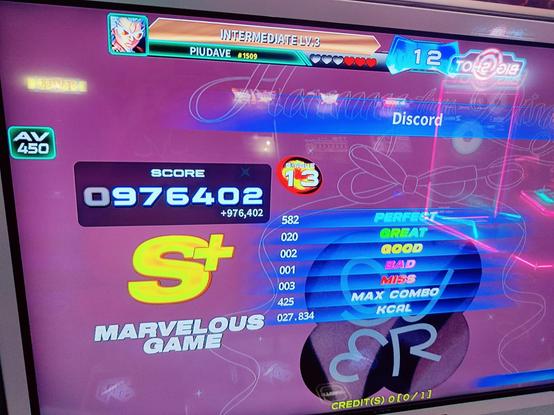 Pump It Up Phoenix Score page.
Song: Discord
Difficulty: Single 13
Score: 976402 S+