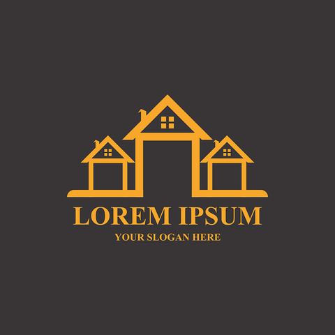 An orange house logo with Lorem Ipsum on a brown background.