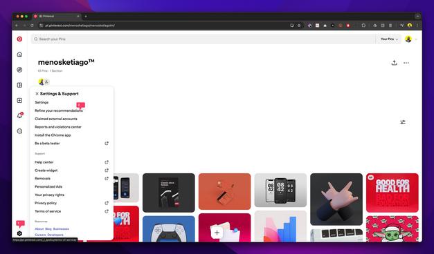 Screenshot of the Pinterest website with the settings menu open indicating you should click on "refine your recommendations".