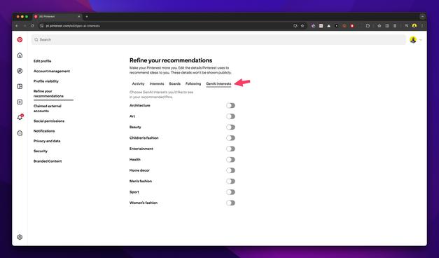 Screenshot of the Pinterest Refine your recommendations page showing the Gen Ai interests tab where you can disable AI images.