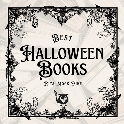 A square image with an antique, gothic, and spooky aesthetic, perfect for Halloween. The background is a soft, muted beige and features a subtle, tiled pattern of vintage books. The main focus is an elaborate, ornate black decorative border with a lace-like texture, featuring flourishes, bats, and possibly cobwebs, framing the center of the image. The overall mood is sophisticated, historical, and subtly unsettling. The MockingOwl Roost logo is centered near the bottom.
Text: BEST, HALLOWEEN, BOOKS, RITA MOCK-PIKE
