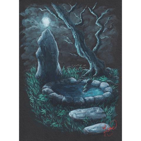 Gouache représentant une pierre dressée, une fontaine et un arbre dans la pénombre de la nuit.