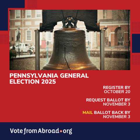 Graphic with photo of the Liberty Bell. Text says “Pennsylvania General Election 2025
Register By October 20.
Request Ballot by November 3.
Mail Ballot Back by November 3.”