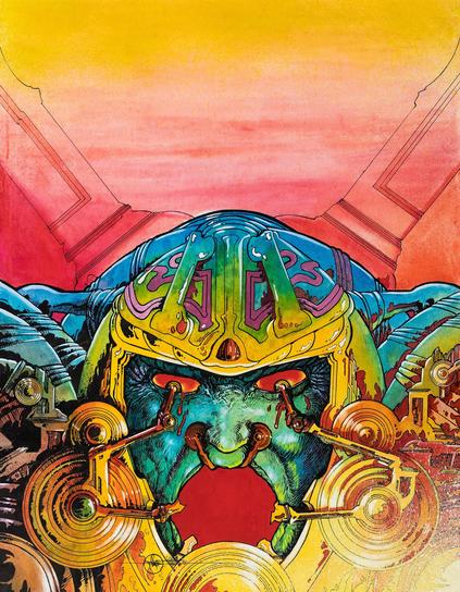 A science-fiction illustration featuring a red-eyed monstrous character seemingly being tortured by some refined metallic mechanism.