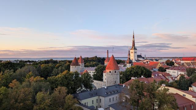 Skyline of the medieval town at dawn, city wall, three towers with conical, one with angular sloped roof, a church, roofs of historical buildings on the right, trees on the left, sea in the background