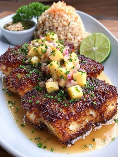 🛒 Ingredients For the Fish: 4 white fish fillets (tilapia, cod, or mahi mahi work great) 1 cup shredded coconut (unsweetened preferred) 1 lime, juiced & zested Salt & black pepper, to taste For the Mango Salsa: 1 ripe mango, diced ½ red onion, finely diced ½ red bell pepper, diced 1 jalapeño, seeded & finely diced ¼ cup fresh cilantro, chopped 1 tbsp honey (or agave for a lighter touch) 1 tbsp olive oil  👩‍🍳 Instructions 1️⃣ Prep the Oven Preheat to 375°F (190°C). Line a baking sheet with parchment paper. 2️⃣ Coat the Fish Mix shredded coconut, lime zest, salt, and pepper in a shallow bowl. Brush fish fillets with lime juice, then press into coconut mixture to coat evenly. 3️⃣ Bake Arrange coated fillets on baking sheet. Bake 15–20 minutes until fish flakes easily and coconut is golden brown. 4️⃣ Make the Salsa In a bowl, combine mango, red onion, bell pepper, jalapeño, cilantro, honey, and olive oil. Stir until well mixed. 5️⃣ Serve Place fish on plates and top generously with fresh mango salsa.  🌟 Serving Ideas: Pair with coconut rice or cilantro-lime rice 🍚 Add grilled plantains or a green salad for a complete tropical feast 🌿 A drizzle of extra lime juice ties it all together ✨