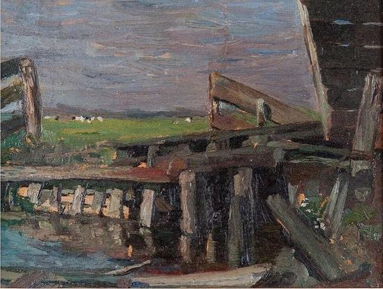 Pont-levis dans une prairie (1903) de Piet Mondrian (Néerlandais, 1872-1944)
Huile sur toile (21,5 x 28 cm)
Maison Mondrian, Amersfoort
source : @Paintings_daily@pixelfed.social