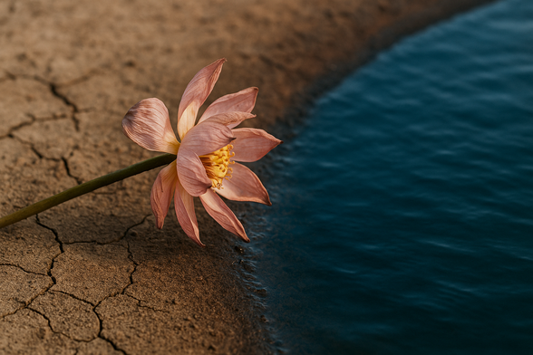 Eine leicht angetrocknete Lotusblüte beugt sich einem kleinen Wasserbecken entgegen – Symbol für Verlangen, Durst und die Suche nach Erfüllung.