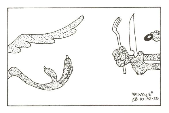 Ink drawing of what appears to be the tail and foot of a bird disappearing off the left edge of the frame. The nose of some sort of canid, clutching cutlery in its paws, is entering from the right side of the frame.