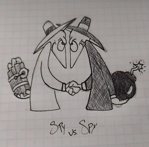 Spy vs Spy Doodle. Spy in white (holding dynamite behind his back) shaking hands with spy in black ( holding a bomb behind his back)