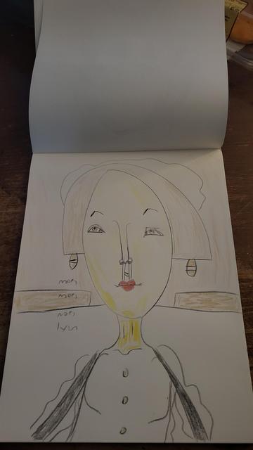 A colored pencil drawing of a brunette and brown-eyed Japanese maid in a maid cafe