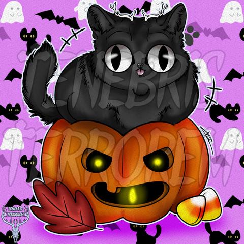 Little chonky, derpy fox like creature sitting in a Halloween jack-o'-lantern bleeping its tongue, with some corn candies, a red leaf and a pink background with black cats, bats and ghosts