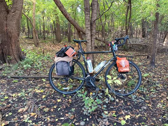 Fully loaded touring bicycle in the woods
