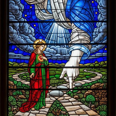 A vibrant stained-glass window depicting a saintly figure with a halo and a glowing heart, standing on a winding stone path. From a starry sky above, the colossal, divine hand of God descends, pointing down to the very next step on the path before the saint, illustrating the concept of a divinely guided course.