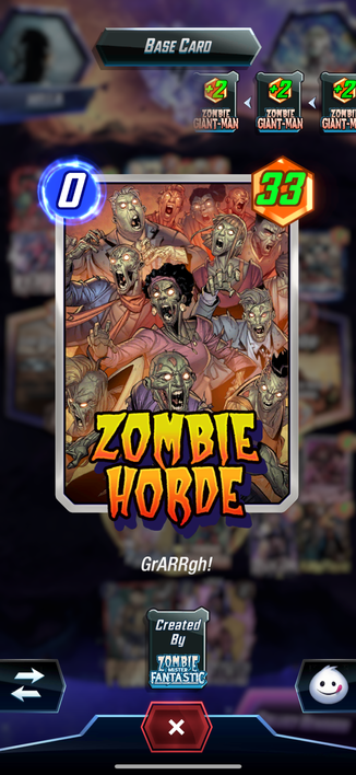A screenshot of the mobile game Marvel Snap showing a 33 power Zombie Horde. 