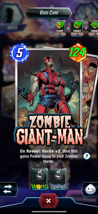A screenshot of the mobile game Marvel Snap showing a 124 power Zombie Giant-Man. 