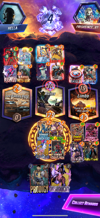 A screenshot of the mobile game Marvel Snap showing me winning with 129 and 47 points at two locations. 