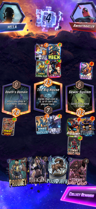 A screenshot of the mobile game Marvel Snap showing me winning with 102 and 28 points at two locations. 