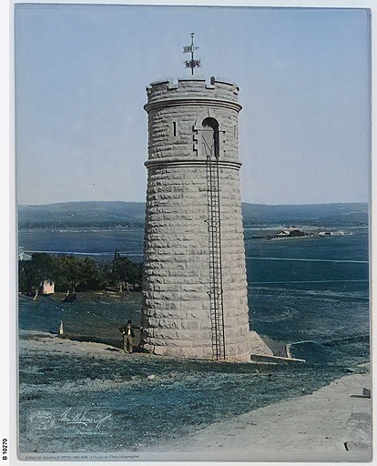 This is a photograph of a tall, cylindrical stone tower situated on a grassy hill overlooking a body of water. The tower is constructed from gray stone blocks and features arched openings and a small balcony at the top. A ladder is attached to the outside of the tower, extending from near the base to close to the top. In the background, a shoreline and distant hills are visible, with a few buildings scattered along the coast. The photograph appears to be taken during daylight hours, with clear skies.