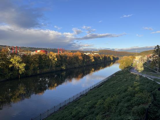 Neckar bei Esslingen mit herbstlichen Bäumen, tiefstehende Sonne leuchtet alles an.