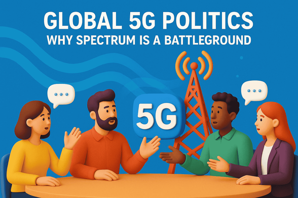 The image illustrates a discussion about the global politics of 5G and why its spectrum is a battleground.