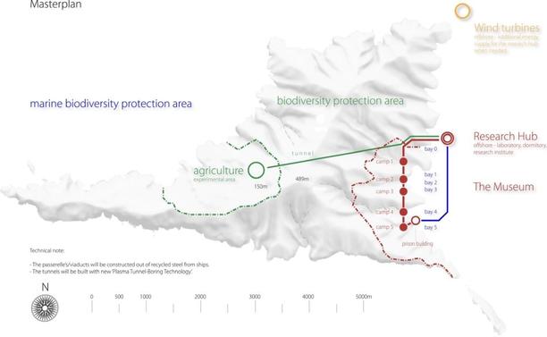 Gyaros Island of Exile - masterplan - museum penitentiary camps walkthrough, research hub, marine protection areas, key biodiversity areas, agricultural research area