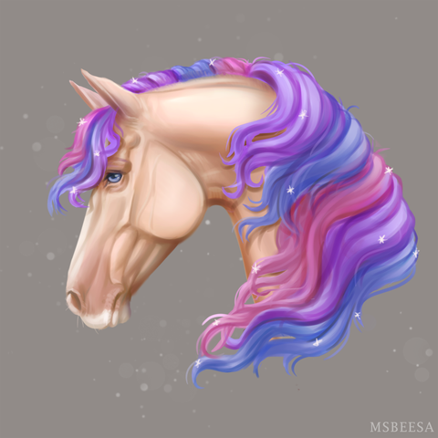 A digital illustration featuring a side view of a creamy horse with a mane in blue, pink and violet colors