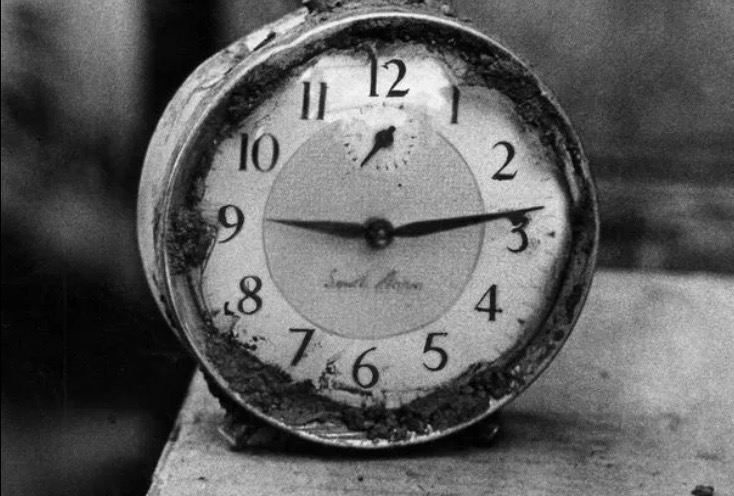 The broken clock from Aberfan, frozen at the time the coal tips struck.