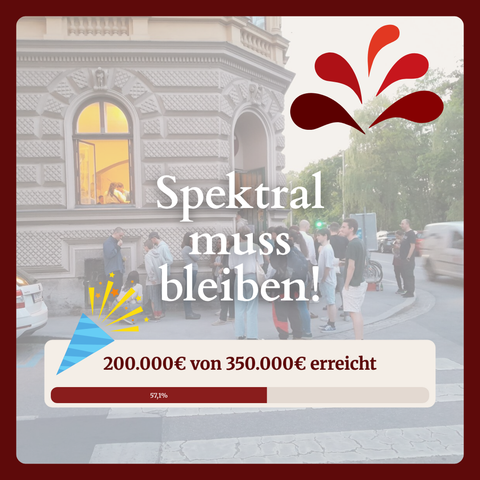 Grafik zum aktuellen Zwischenstand der Spektral Kaufkampagne zukunft.spektral.at

Im Hintergrund sieht man das Spektral vor dem Menschen stehen. Oben rechts befindet sich das Spektral Logo. In der Mitte steht: "Spektral muss bleiben!"
Unten ist ein Fortschrittsbalken, in dem steht 200.000€ von 350.000€ erreicht.