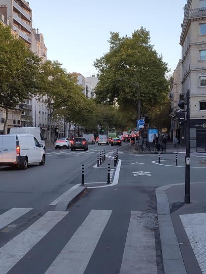 Vue d'une rue urbaine avec une ligne de tramway, des arbres sur les bords et plusieurs véhicules en circulation. Le sol est marqué par des passages piétons et des pistes cyclables, protégées par des plots noirs et blancs pour sécuriser le carrefour. Il y a un feu de circulation visible à droite et des bâtiments en arrière-plan