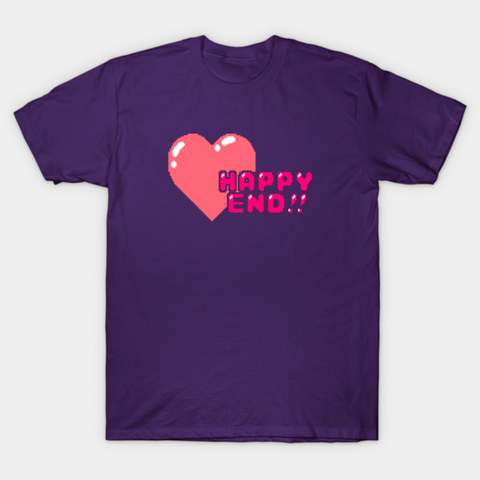 product preview shot of a purple tshirt, with a pixelated cartoon heart and big "HAPPY END!!" bubble writing.