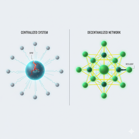 Grafik zeigt die fundamental andere Struktur eines zentralisierten Netzwerks im Vergleich zu eine, zentralen Netzwerk. Bei ersterem laufen alle Verbindungen zu einem Punkt. Das ist der Single Point of Failure. 