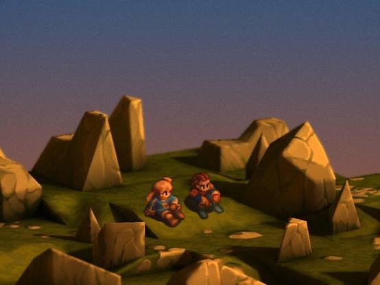 A screenshot from Final Fantasy Tactics. Ramza and Delita are sitting on a hill, watching the sunset and having a conversation.