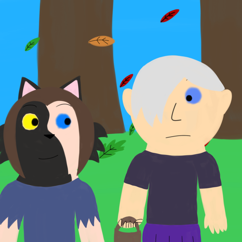 Drawing of Cinder and Liam walking in the forest where different colored leaves are seen falling from the trees. Cinder is looking at Liam with a smile and Liam is looking at Cinder with neutral expression. Liam is holding a basket in one of his hands, indicating that they both have been collecting mushrooms