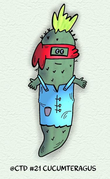 A cartoonish cucumber character named "Cucumteragus." It has a spiky green top, a red headband, and is wearing a blue outfit with buttons. The background is lightly textured