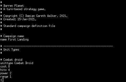 The campaign definition file for the First Landing campaign. One of the major phases of development was building this content. Each of the sixteen battles had a briefing for each side, a victory debrief for each side, and a defeat debriefing for each side: a total of six short documents for each battle: 96 in all. This added to all the battle details like the map and unit disposition, and the graphics for the campaign, was a lot of content. The campaign definition file for the First Landing campaign. One of the major phases of development was building this content. Each of the sixteen battles had a briefing for each side, a victory debrief for each side, and a defeat debriefing for each side: a total of six short documents for each battle: 96 in all. This added to all the battle details like the map and unit disposition, and the graphics for the campaign, was a lot of content.