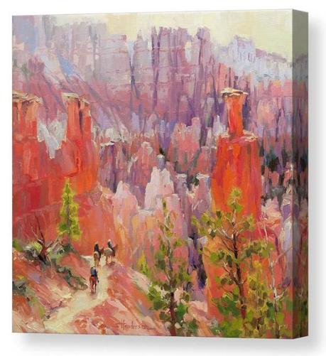 Canvas print of an original oil painting depicting a group of people on horses heading down a trail at Bryce National Park, Utah.