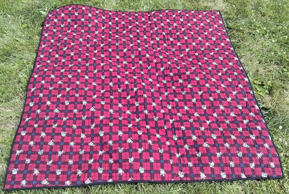 the back of the quilt, it is red with darker bars on it, white flowers at the intersections of the lines 