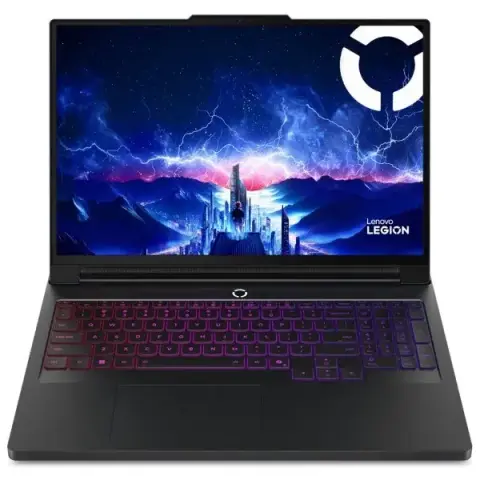 Image promotionnelle du Lenovo Legion Pro 5i 16IAX10H, montrant un design gamer élégant avec clavier RGB et écran OLED lumineux affichant des visuels de jeux. Fond technologique bleu et rouge avec lumière néon.
