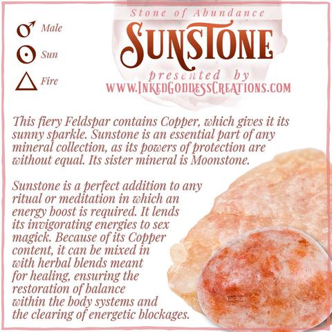 A raw chunk of orange sunstone sits against a white background. The text explains sunstone's metaphysical correspondences, some trivia about it, and ways to use it in your magickal practice. Presented by Inked Goddess Creations.