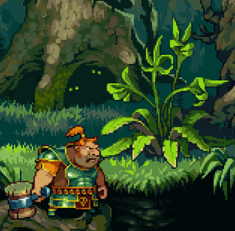 Yur Gus mockup including living trees, old mushroom and a fun status plant