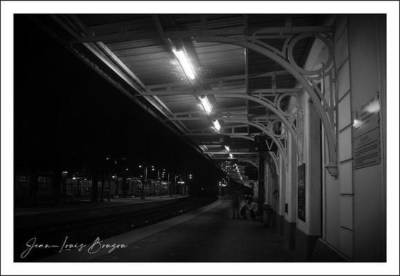 This black-and-white photograph captures a quiet train station platform at night, evoking a deep sense of solitude and stillness. The long perspective view draws the eye down the length of the platform, emphasizing the emptiness and the absence of bustling crowds often associated with such places.
The overhead lights, stark yet soft in the contrast of monochrome, cast linear pools of light along the platform, creating a rhythm of illumination and shadow. The architectural details of the platform’s wrought iron supports stand out crisply against the gloom, their curves and lines adding an elegant, almost vintage character to the scene.
In the distance, a small cluster of figures—possibly waiting passengers—adds a subtle human element, intensifying the quiet and contemplative mood rather than breaking it. The darkness beyond the platform suggests a void, an unknown expanse, which can symbolically represent the uncertainty or anticipation inherent in travel or departure.
From an artistic standpoint, the use of black and white removes distraction of color and invites the viewer to focus on texture, form, light, and shadow, giving the composition a timeless and somewhat nostalgic feeling. This image might resonate with themes of journey, waiting, and the passage of time.
