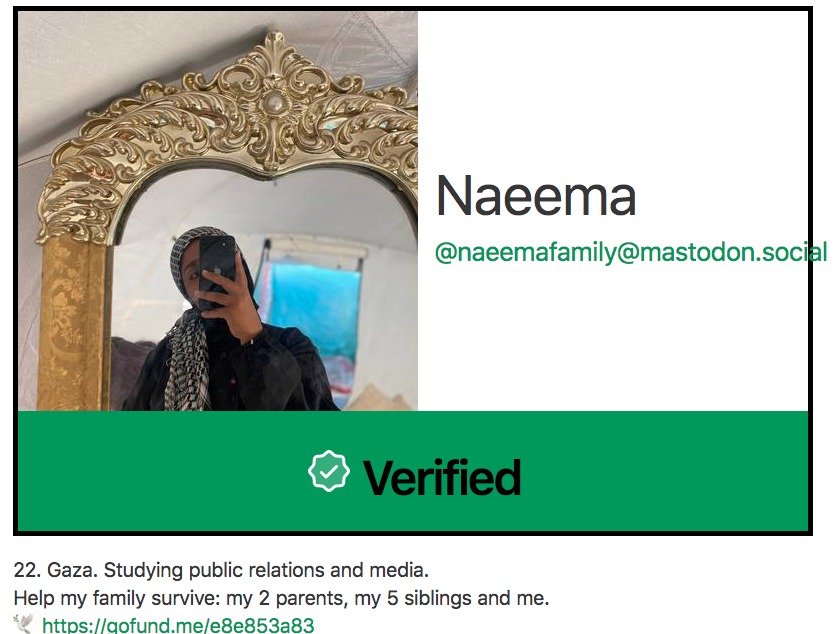 Screenshot of Gaza Verified with Naeema's page.
Text says: "22. Gaza. Studying public relations and media.
Help my family survive: my 2 parents, my 5 siblings and me.
🕊 https://gofund.me/e8e853a83"