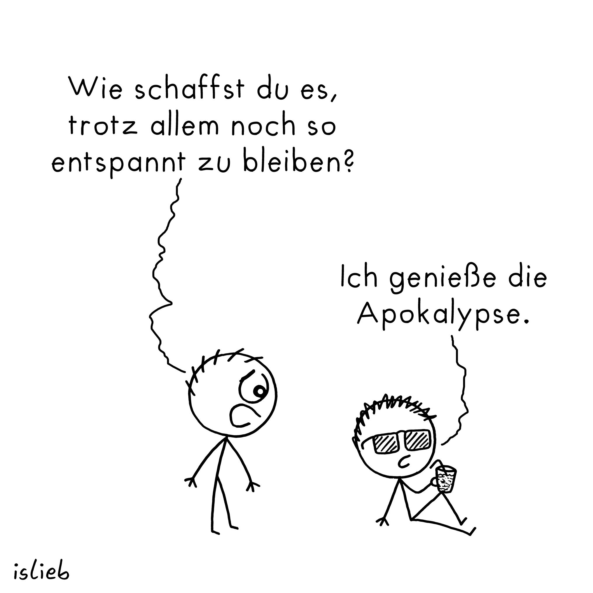 Der Comic zeigt zwei Strichmännchen auf weißem Hintergrund. Links steht eine aufgeregt wirkende Figur mit offenem Mund und fragt: „Wie schaffst du es, trotz allem noch so entspannt zu bleiben?“ Rechts sitzt eine Figur mit Sonnenbrille und einem <br />Getränk in der Hand entspannt auf dem Boden und antwortet: „Ich genieße die Apokalypse.“ Unten links steht die Signatur „islieb“.