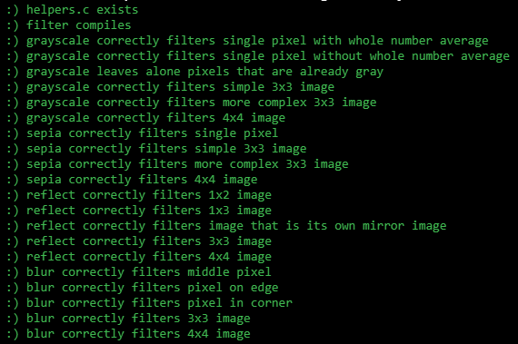 The check50 results for my Filter solution. All greens.