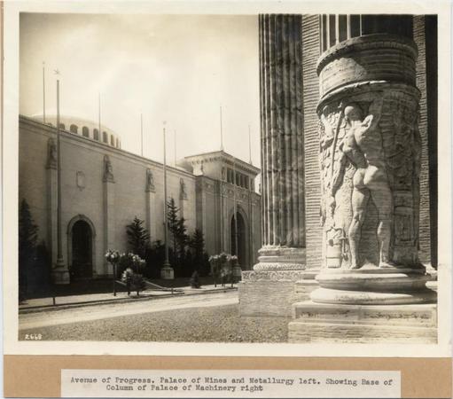 Avenue of Progress. Palace of Mines and Metallurgy left. Showing Base of Column of Palace of Machinery right