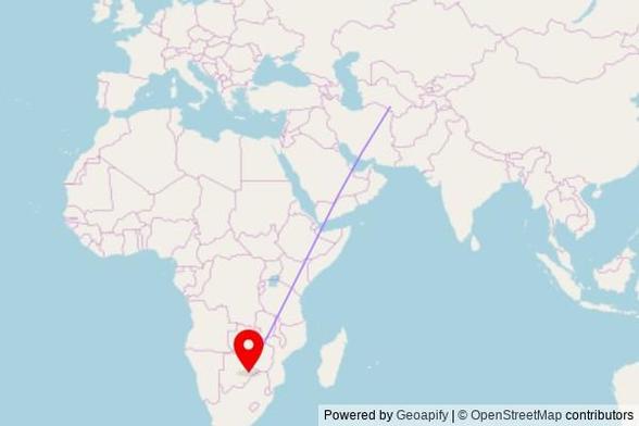 A map showing the great circle route from Tejen in Turkmenistan to a map pin at Faith Mission, Konyana Drive, Serowe, Botswana