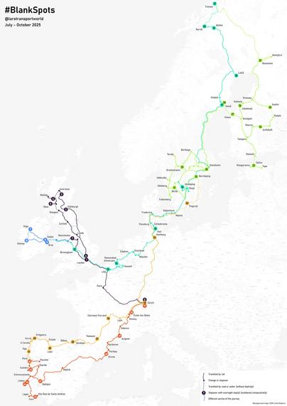 A map of Europe, "#BlankSpots, @larstransportworld, July-October 2025", route in different colours: dark blue: Zurich-Edinburgh-Inverness-Fort Wiliam-Oban-London-Manchester; blue: Manchester-Dublin-Sligo-Galway-Bray; turquoise: Bray-Birmingham-Lille-Antwerpen-Kiel-Jönköping-Umeå-Luleå-Abisko-Narvik-Tromsø; green: Tromsø-Rovaniemi-Tallinn-Jyväskylä-Iisamli-Jakobstad-Vaasa-Umeå-Kristinehamn-Södertälje-Borås-Norrköping (including a lot of #Streckensammeln); yellow: Norrköping-Tingsryd-Hamburg-Zürich-Clermont-Ferrand-Zarautz-León-Ortigueira-Vigo-Porto; red: Porto-Coimbra-Lisboa-Faro-Lisboa-Badajoz-Girona-Avignon-Évian-les-Bains-Zürich; OSM background map
