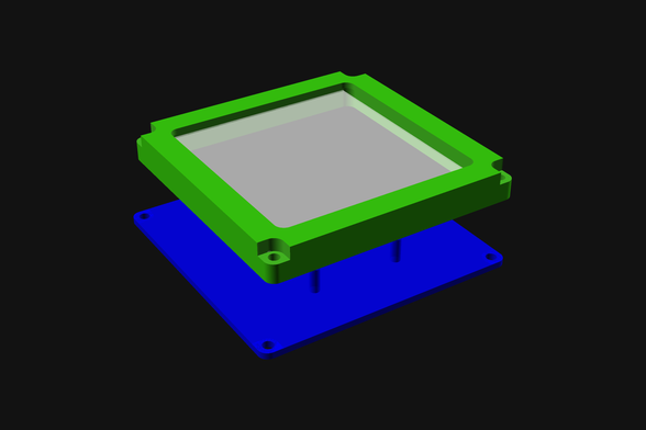 An OpenSCAD render of a two part print (plus an acrylic plate).