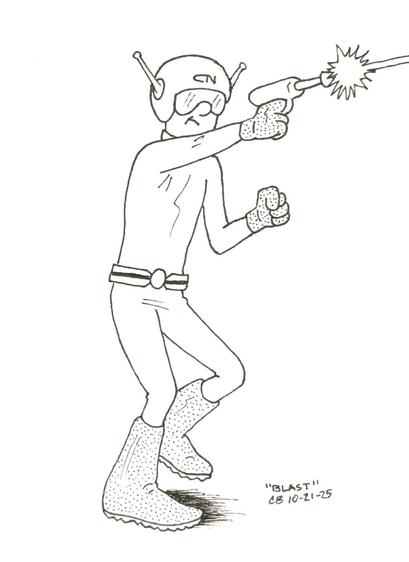 Ink drawing of a person wearing a jumpsuit, visored helmet with antennas, chunky boots, and gloves, firing a laser blaster.